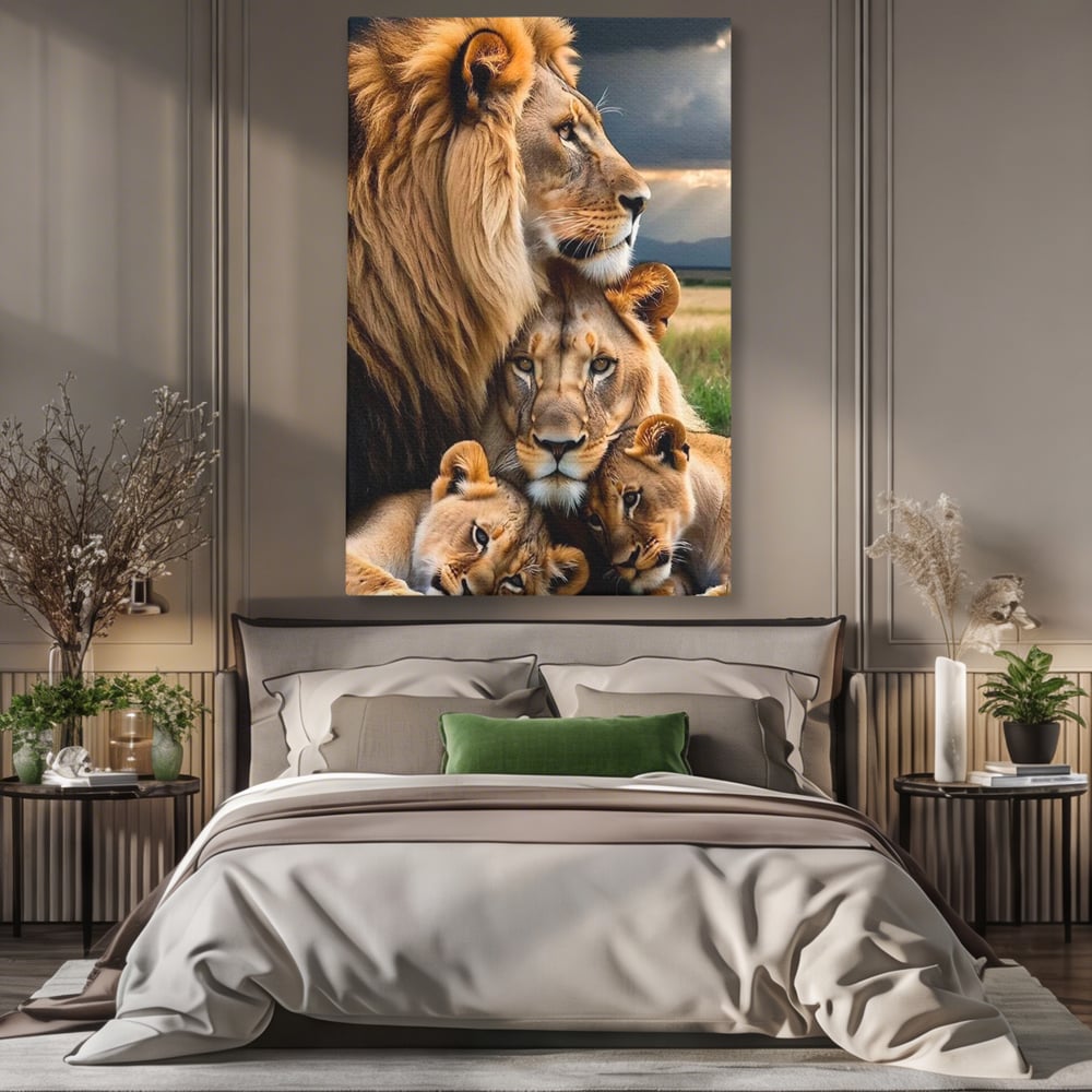 Tablou canvas cu tablou canvas cu o familie de lei, fara rama, pe sasiu de lemn, pe perete intr-un dormitor